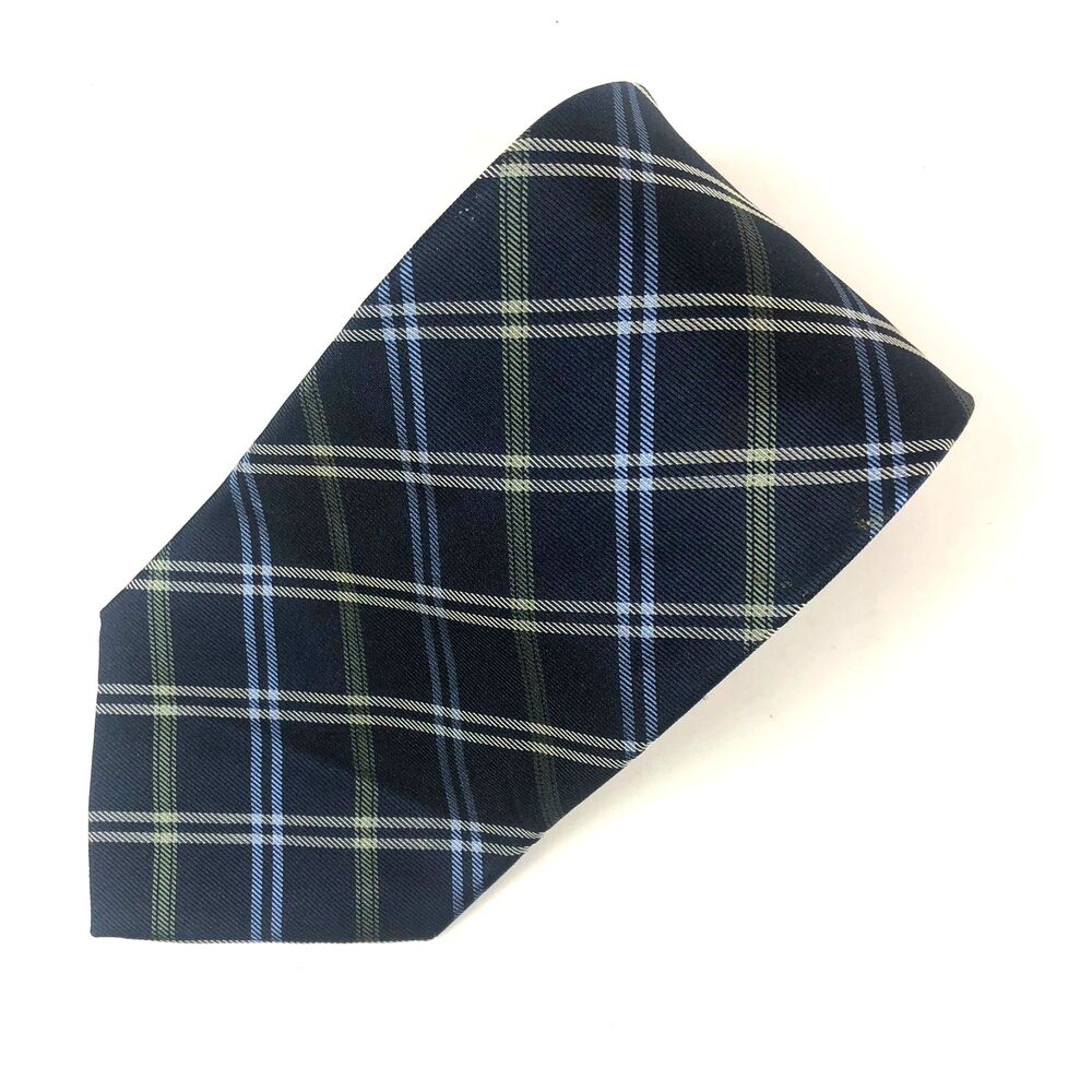 VTG Tommy Hilfiger 100% Silk Tie Navy Blue Plaid/Tartan Grid Made in USA Necktie